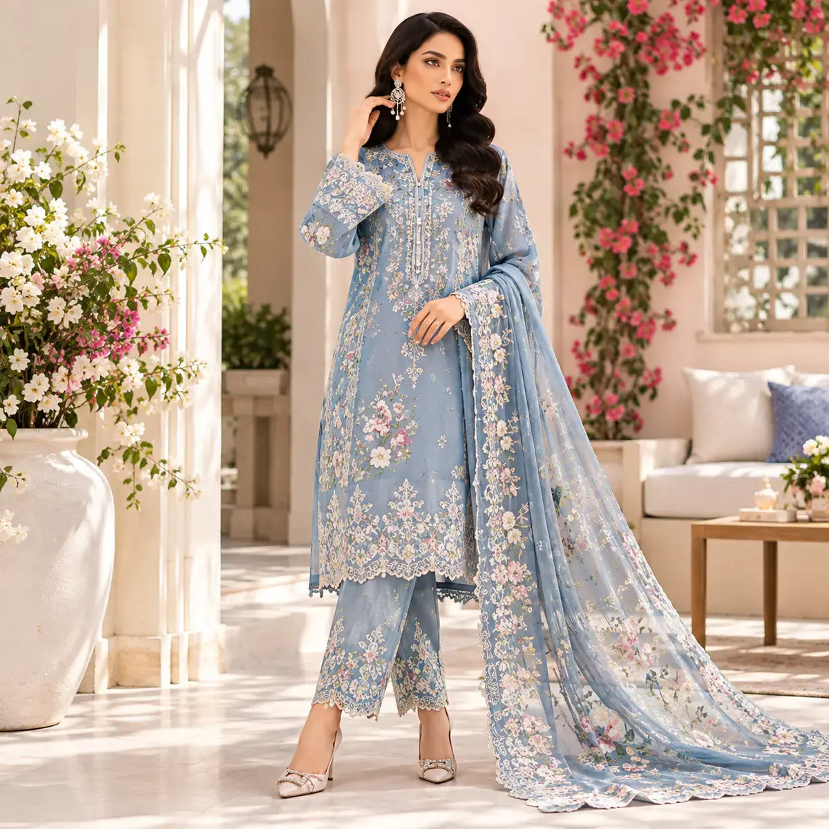 Elegant Sky Blue Floral 3-Piece Suit