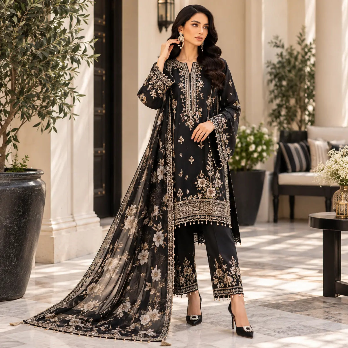 Elegant Black Embroidered 3-Piece Suit