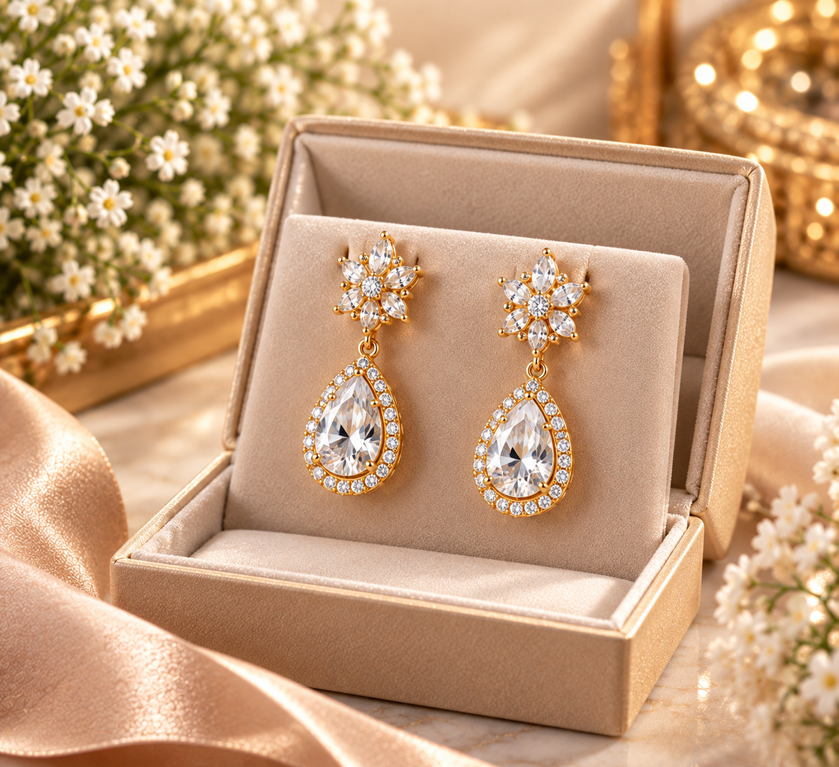 Elegant Gold Diamond Drop Earrings
