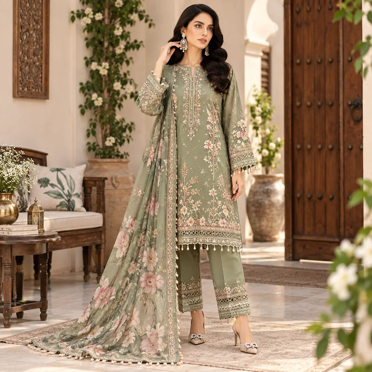 Sage Green Floral 3-Piece Suit