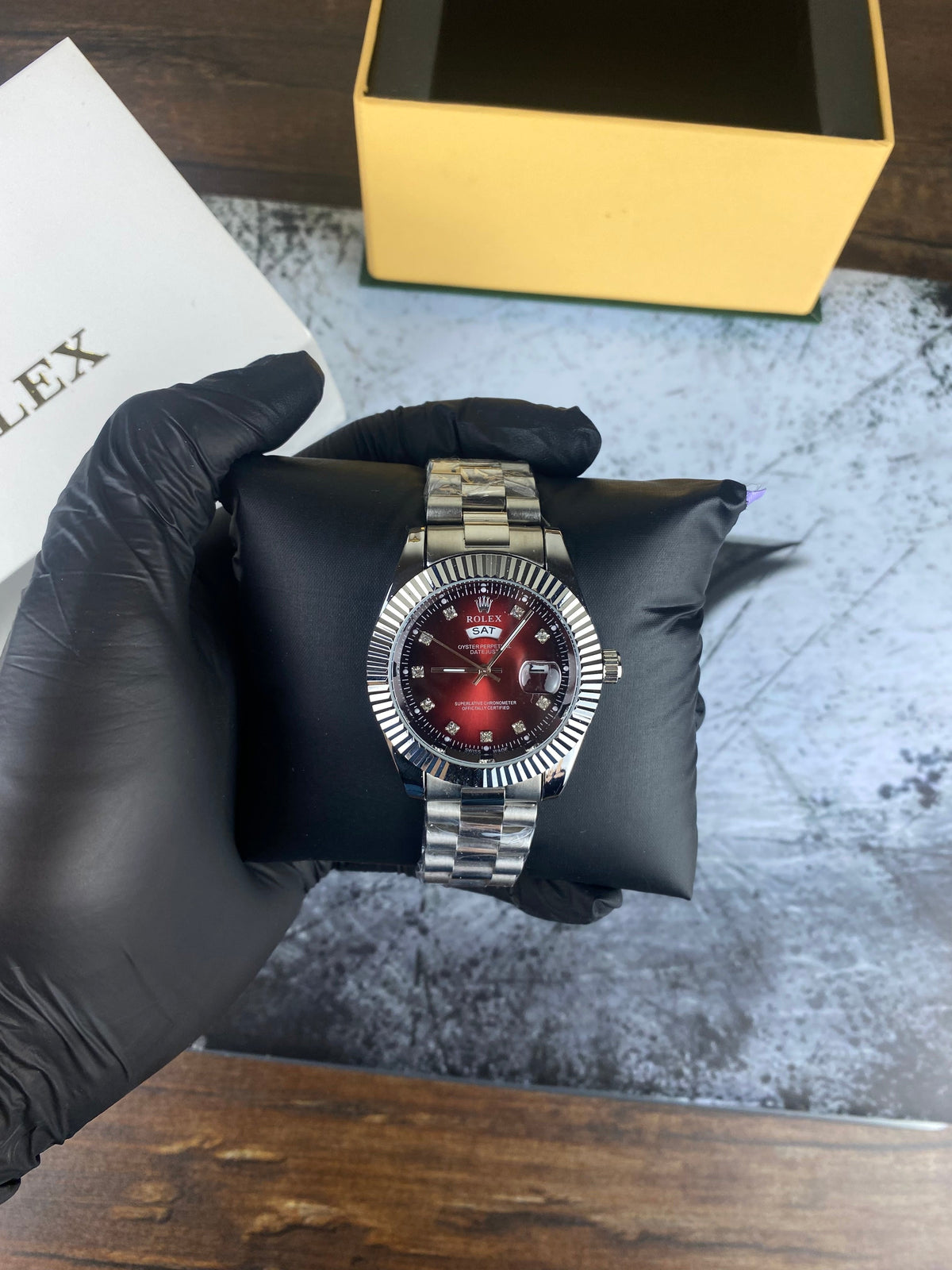 Rolex Oyster Perpetual Day-Date – Burgundy Diamond Dial Luxury Watch