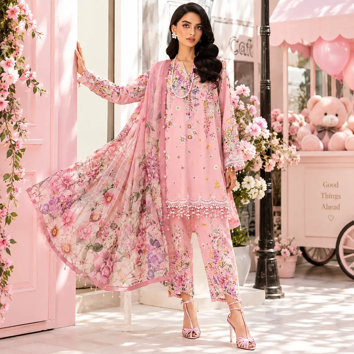 Elegant Pink 3-Piece Floral Suit